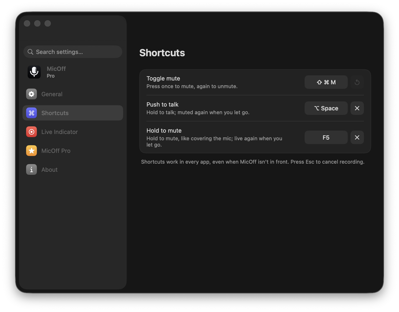 MicOff's Shortcuts settings: toggle mute ⇧⌘M, push to talk ⌥Space, hold to mute F5